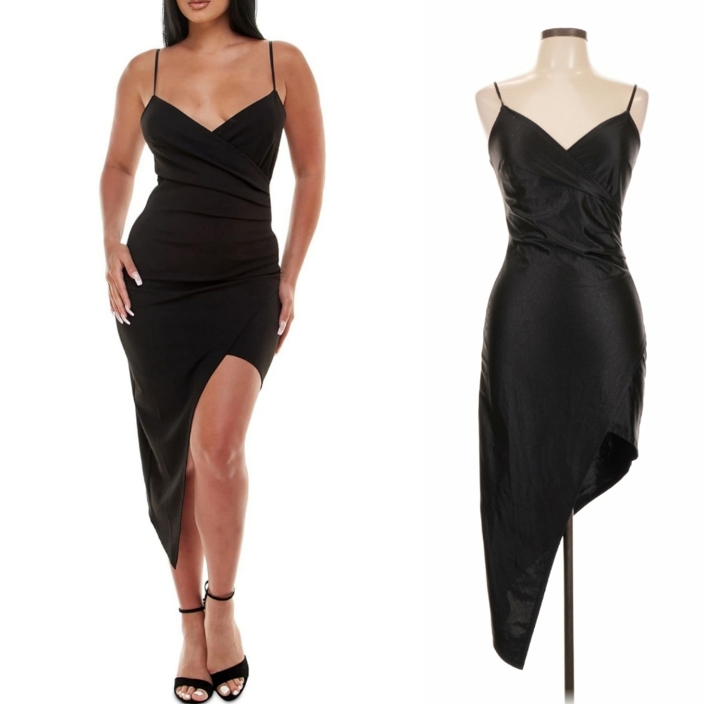 Black Asymmetric Slip Dress with Spaghetti Straps
